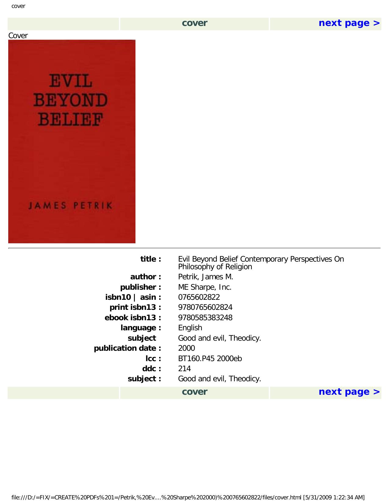 Evil Beyond Belief (Contemporary Perspectives on Philosophy of Religion) by James M. Petrik