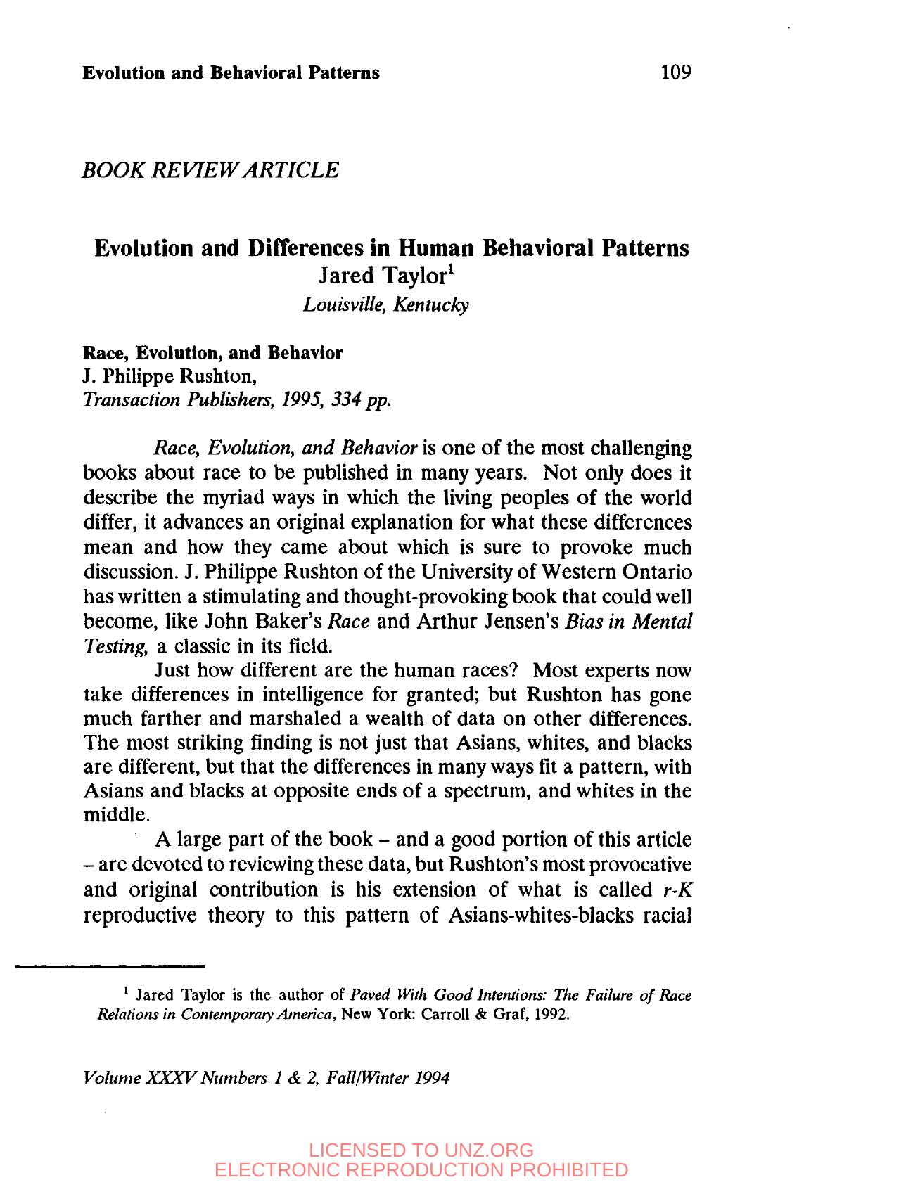 Evolution and Differences in Human Behavorial Patterns [Review of John Philippe Rushton's ''Race, Evolution, and Behavior by A Life History Perspective''] (1994) by Samuel Jared Taylor