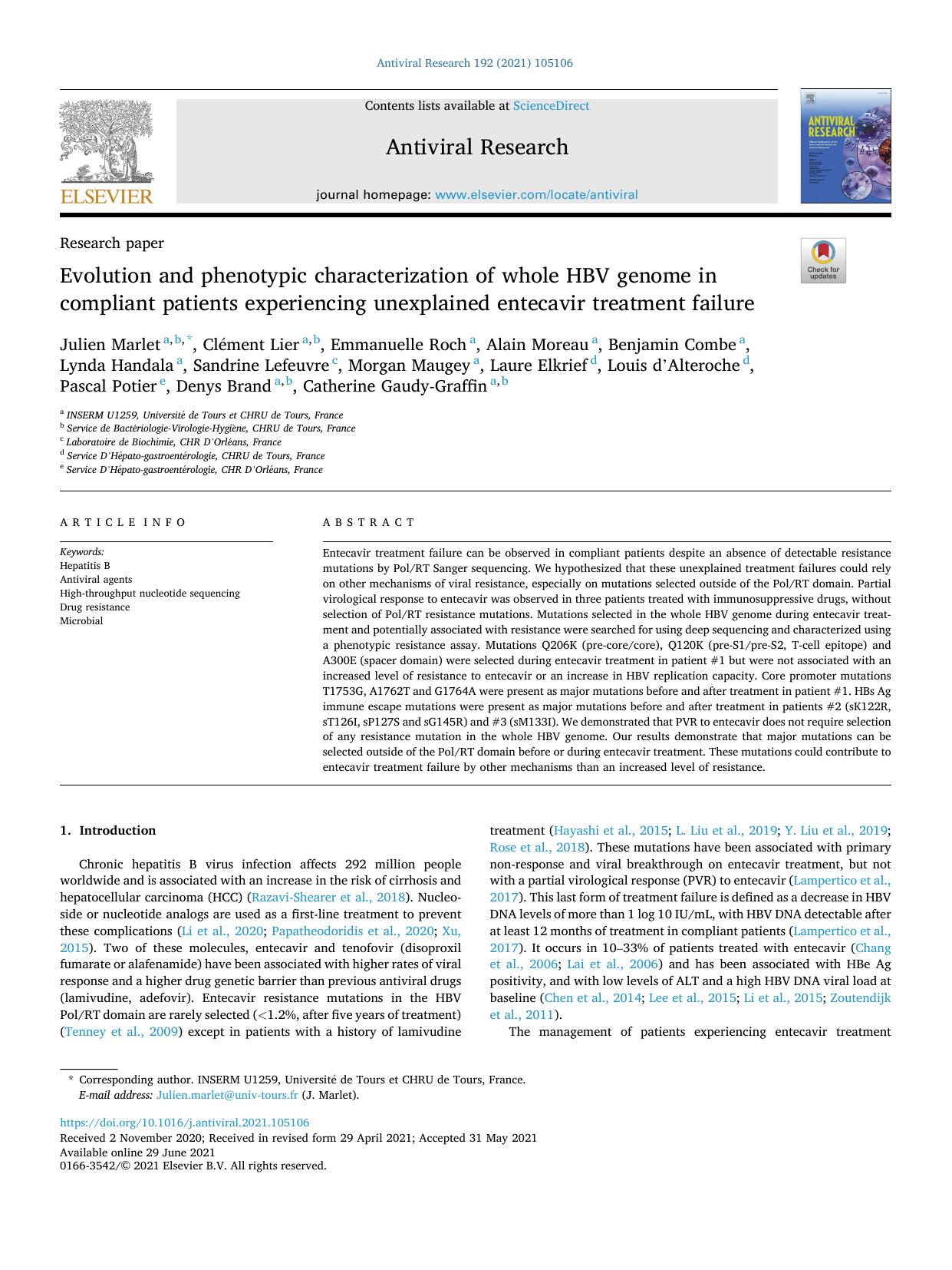 Evolution and phenotypic characterization of whole HBV genome in compliant patients experiencing unexplained entecavir treatment failure by unknow