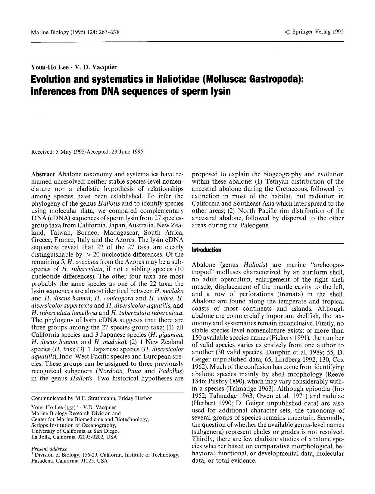 Evolution and systematics in Haliotidae (Mollusca: Gastropoda): inferences from DNA sequences of sperm lysin by Unknown