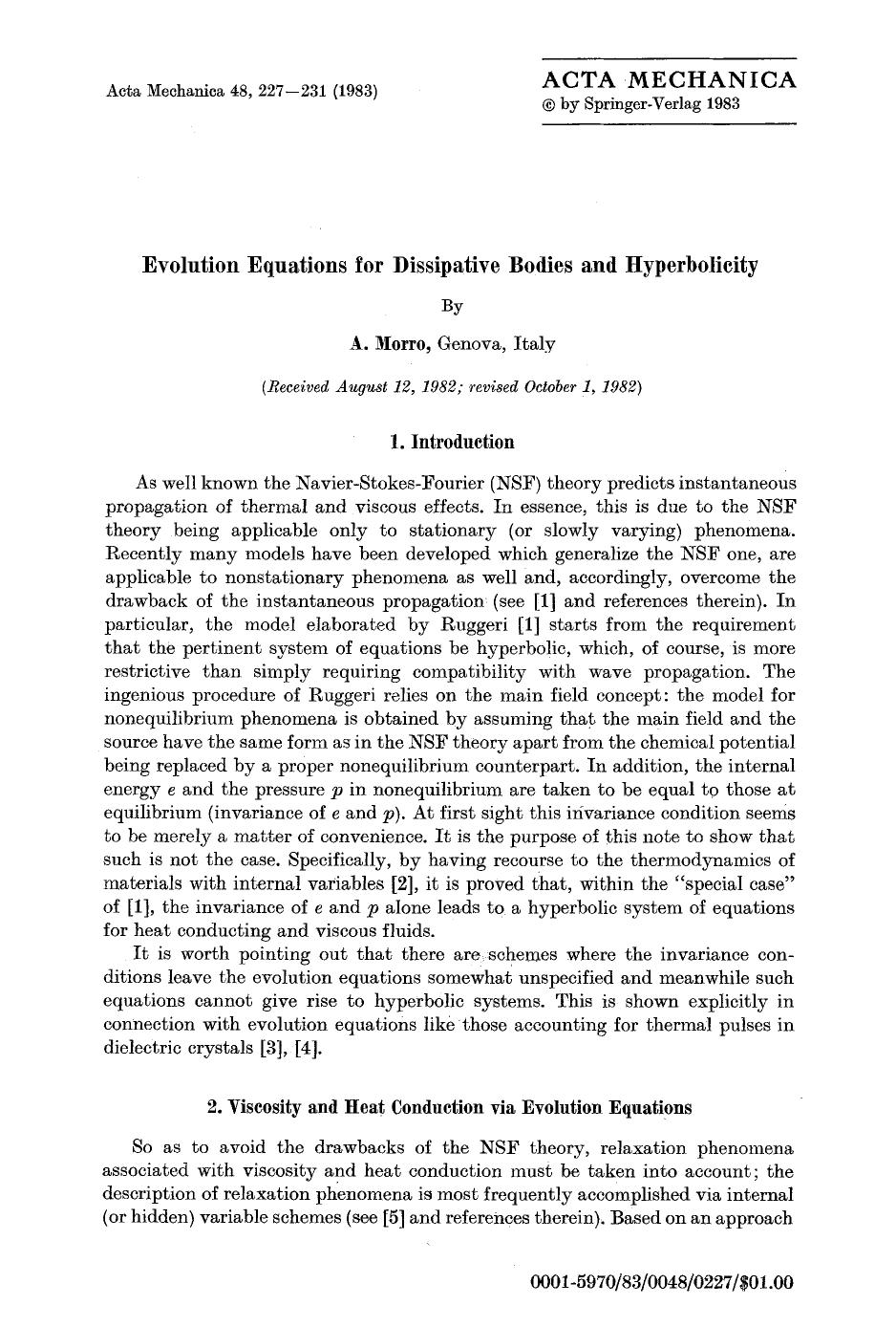 Evolution equations for dissipative bodies and hyperbolicity by Unknown