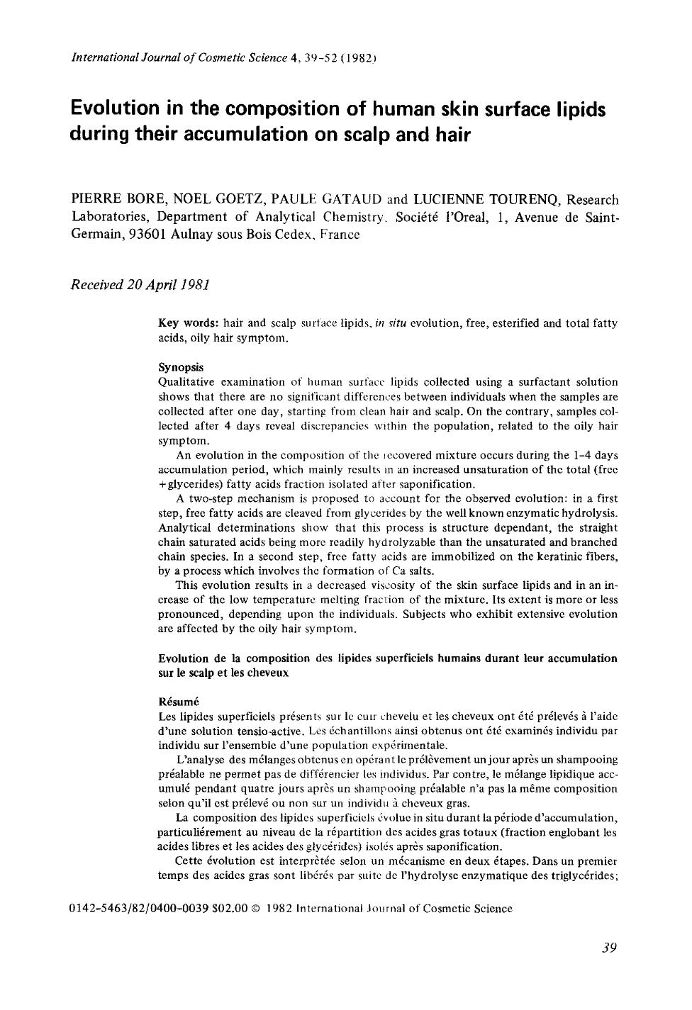 Evolution in the composition of human skin surface lipids during their accumulation on scalp and hair by Unknown