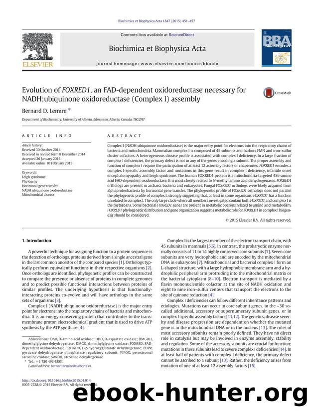 Evolution of FOXRED1, an FAD-dependent oxidoreductase necessary for NADH:ubiquinone oxidoreductase (Complex I) assembly by Bernard D. Lemire