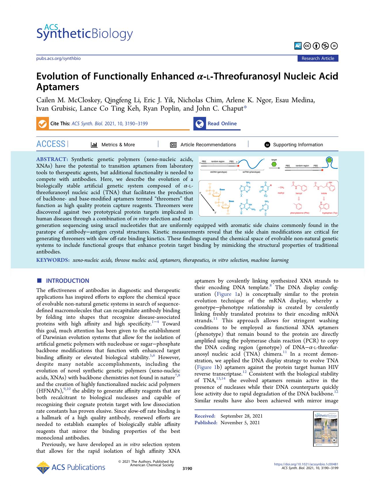 Evolution of Functionally Enhanced Î±-l-Threofuranosyl Nucleic Acid Aptamers by unknow