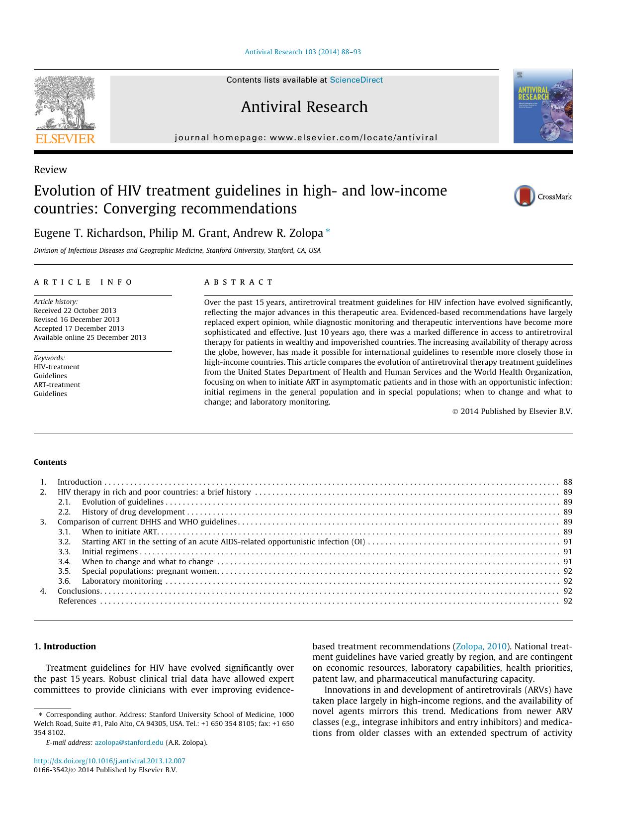 Evolution of HIV treatment guidelines in high- and low-income countries: Converging recommendations by Eugene T. Richardson & Philip M. Grant & Andrew R. Zolopa