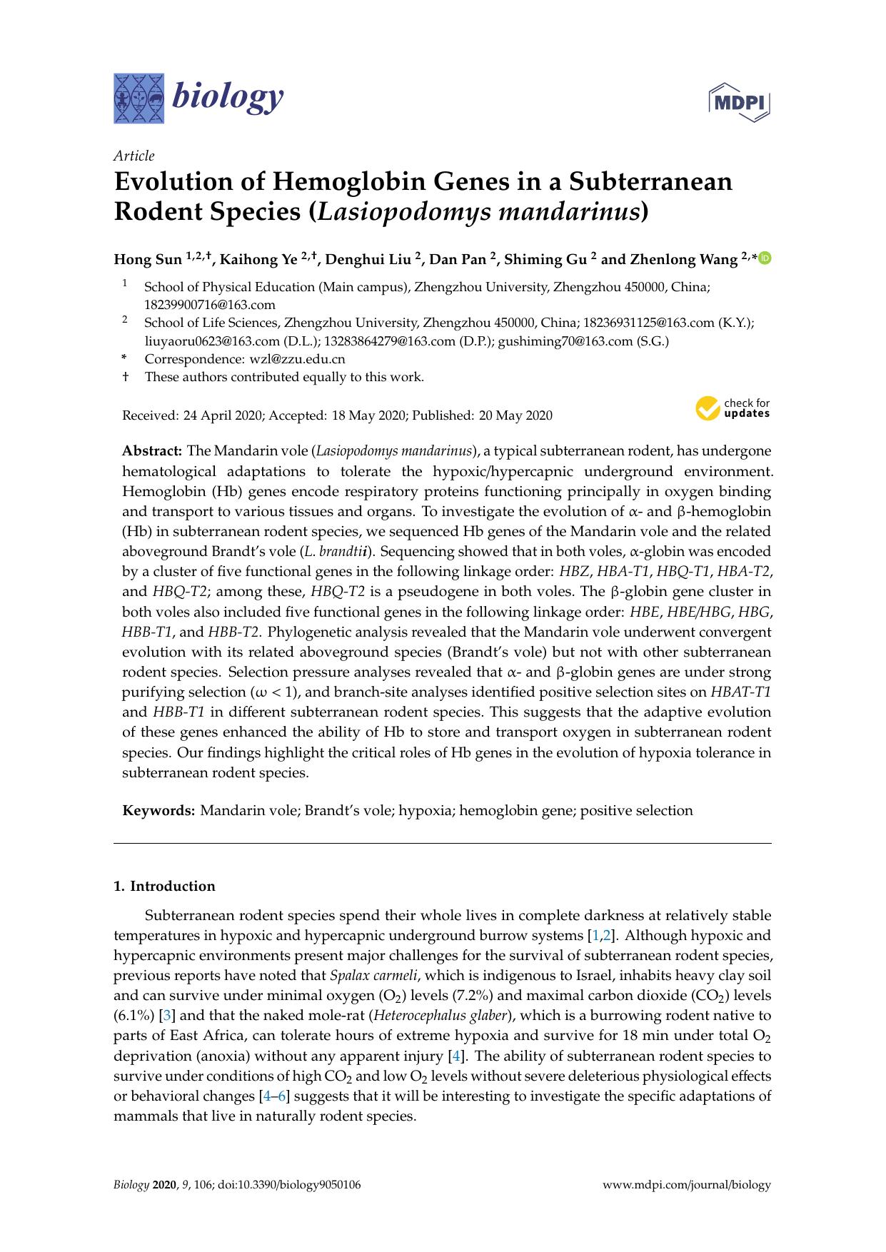Evolution of Hemoglobin Genes in a Subterranean Rodent Species (Lasiopodomys mandarinus) by Hong Sun
