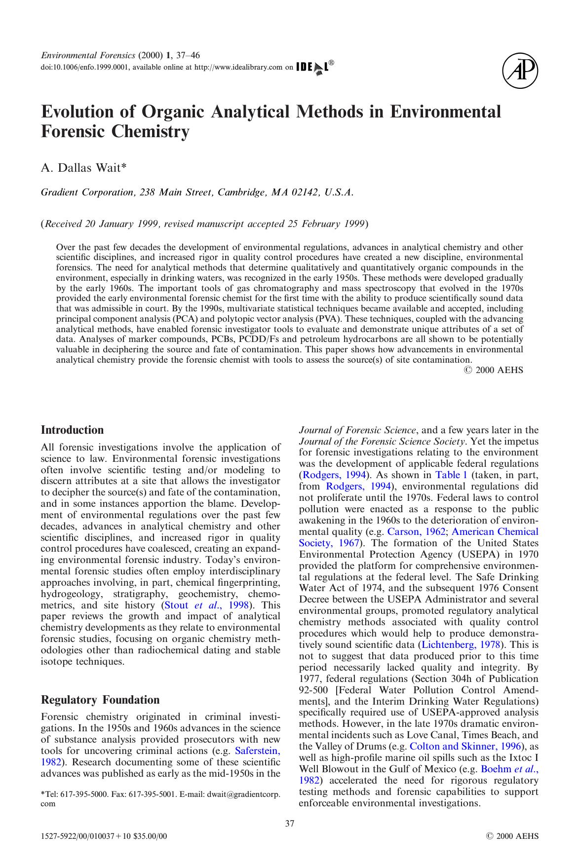 Evolution of Organic Analytical Methods in Environmental Forensic Chemistry by Dallas Wait A
