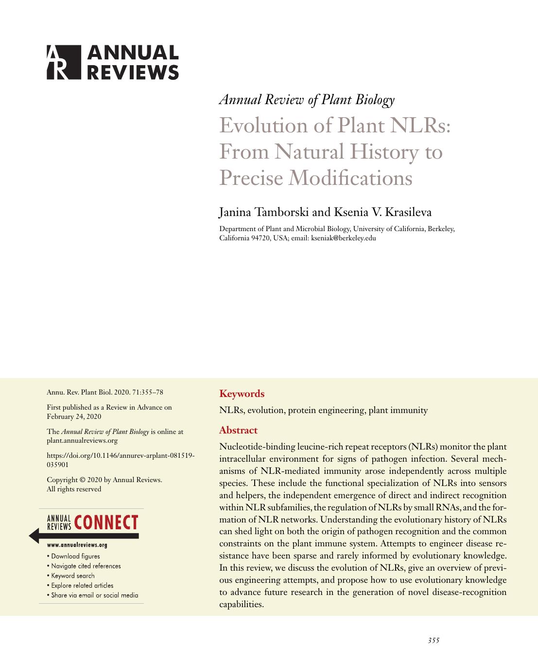 Evolution of Plant NLRs: From Natural History to Precise Modifications by Janina Tamborski and Ksenia V. Krasileva