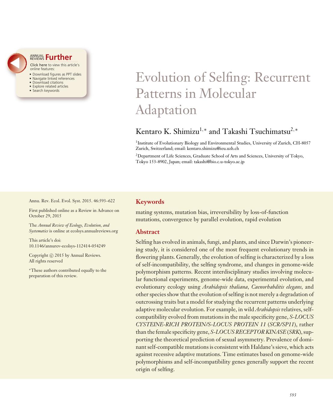 Evolution of Selfing: Recurrent Patterns in Molecular Adaptation by Kentaro K. Shimizu and Takashi Tsuchimatsu