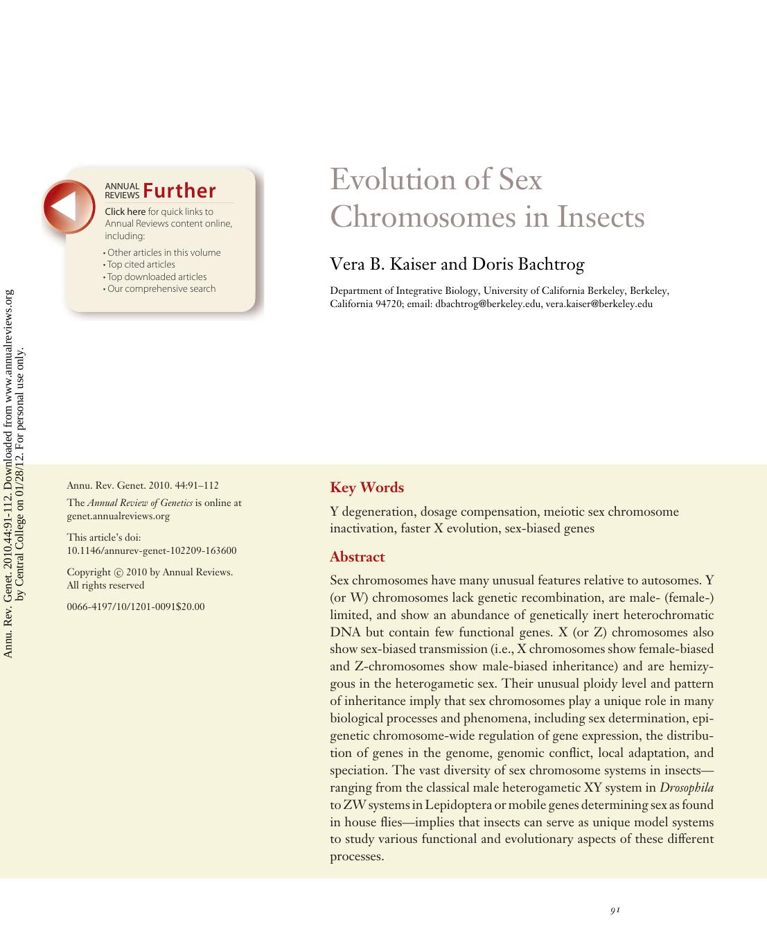 Evolution of Sex Chromosomes in Insects by Vera B. Kaiser & Doris Bachtrog