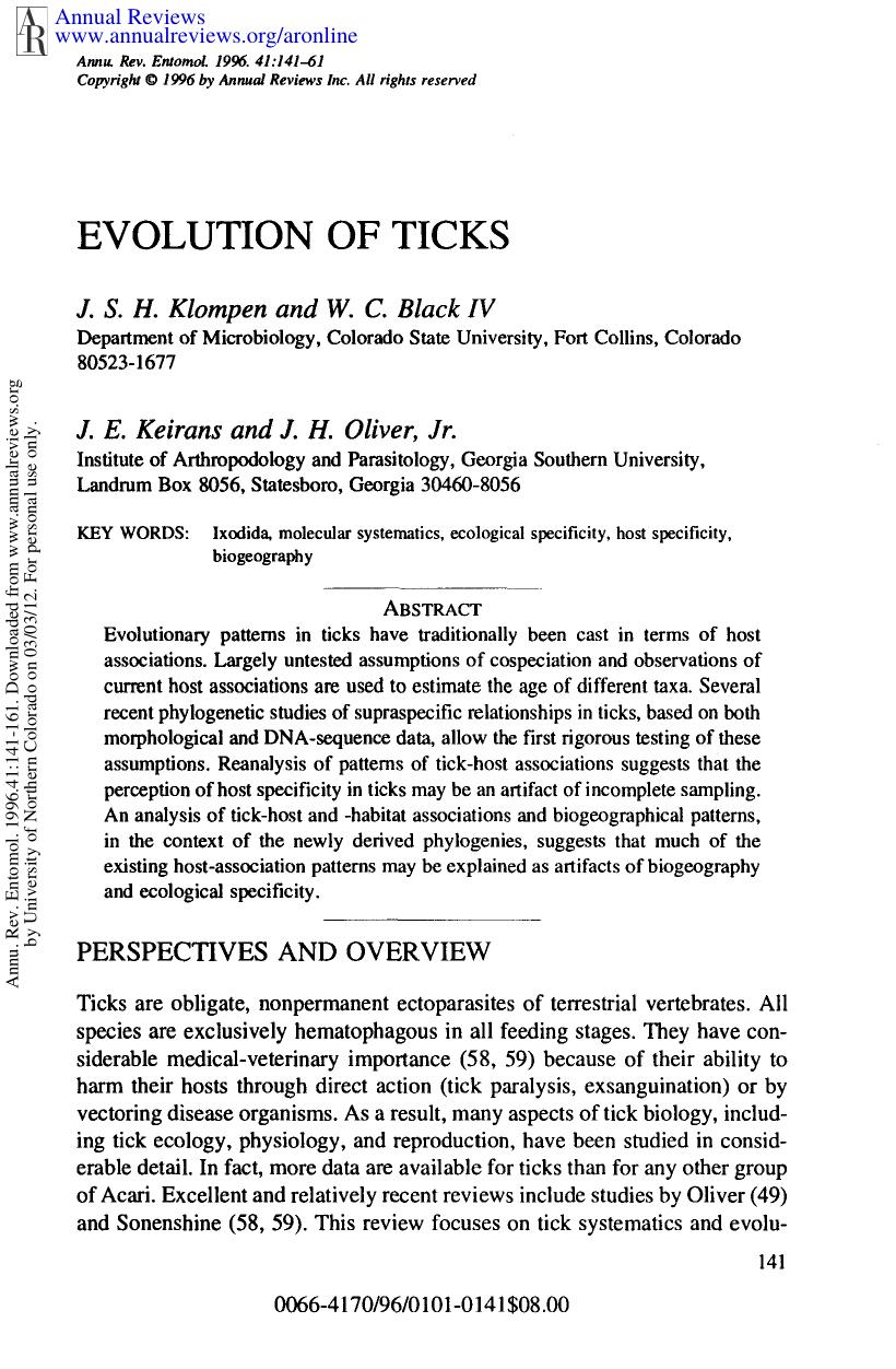 Evolution of Ticks by J S H Klompen W C Black IV J E Keirans & J H Oliver Jr