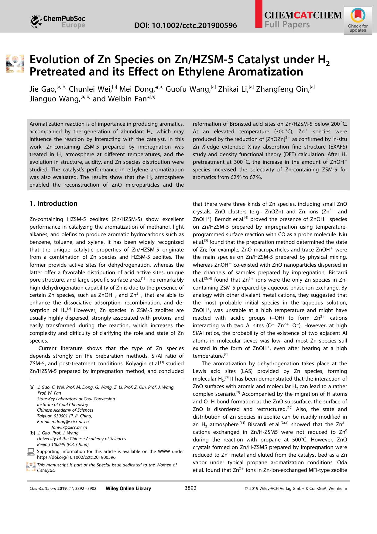 Evolution of Zn Species on ZnHZSMâ5 Catalyst under H2 Pretreated and its Effect on Ethylene Aromatization by Unknown