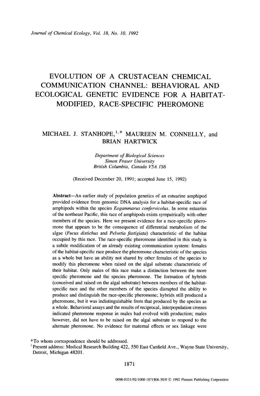 Evolution of a crustacean chemical communication channel: Behavioral and ecological genetic evidence for a habitat-modified, race-specific pheromone by Unknown