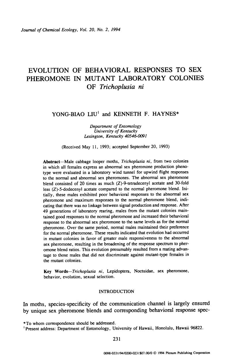 Evolution of behavioral responses to sex pheromone in mutant laboratory colonies of <Emphasis Type="Italic">Trichoplusia ni <Emphasis> by Unknown