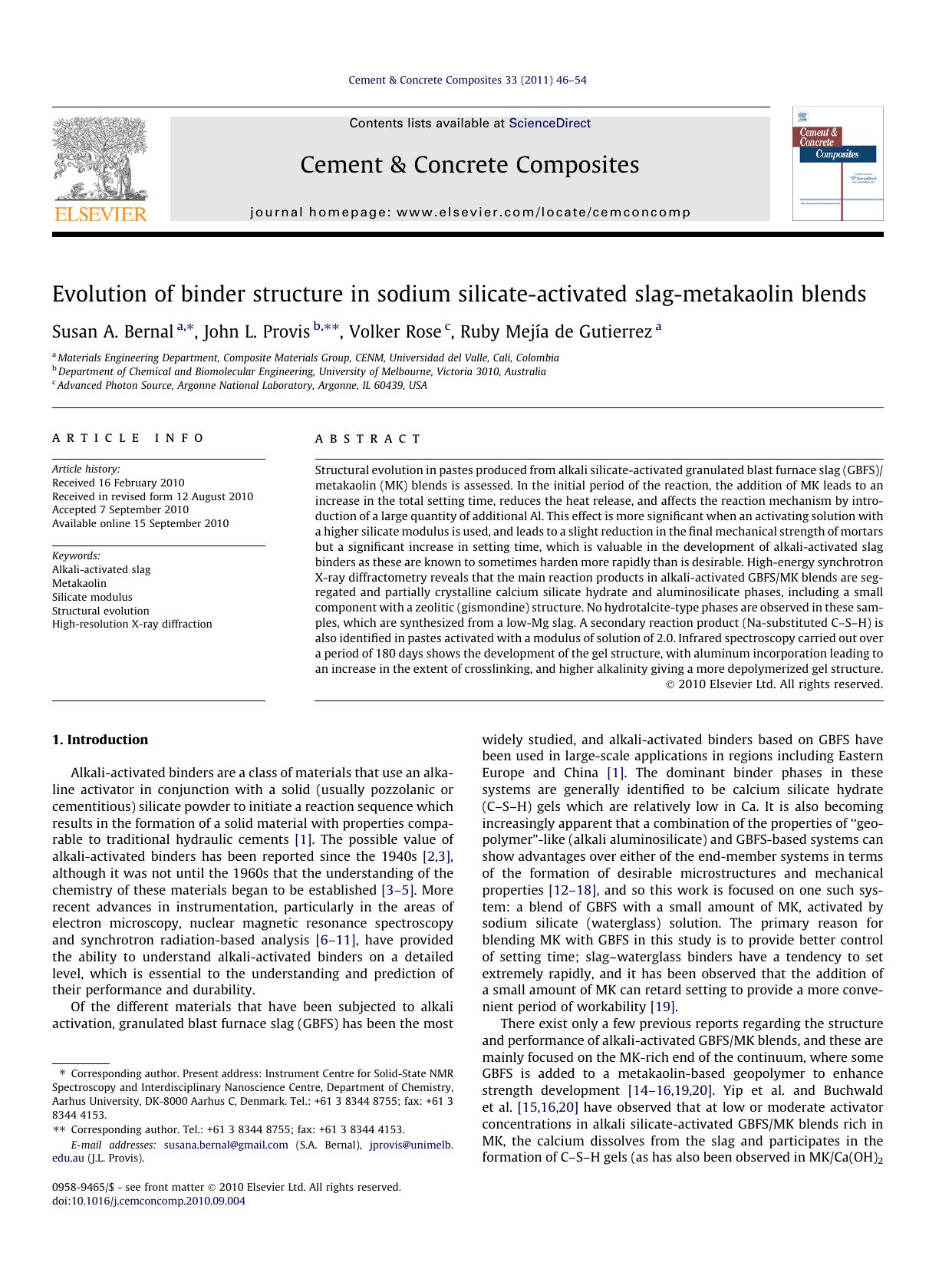 Evolution of binder structure in sodium silicate-activated slag-metakaolin blends by Susan A. Bernal & John L. Provis & Volker Rose & Ruby Mejía de Gutierrez