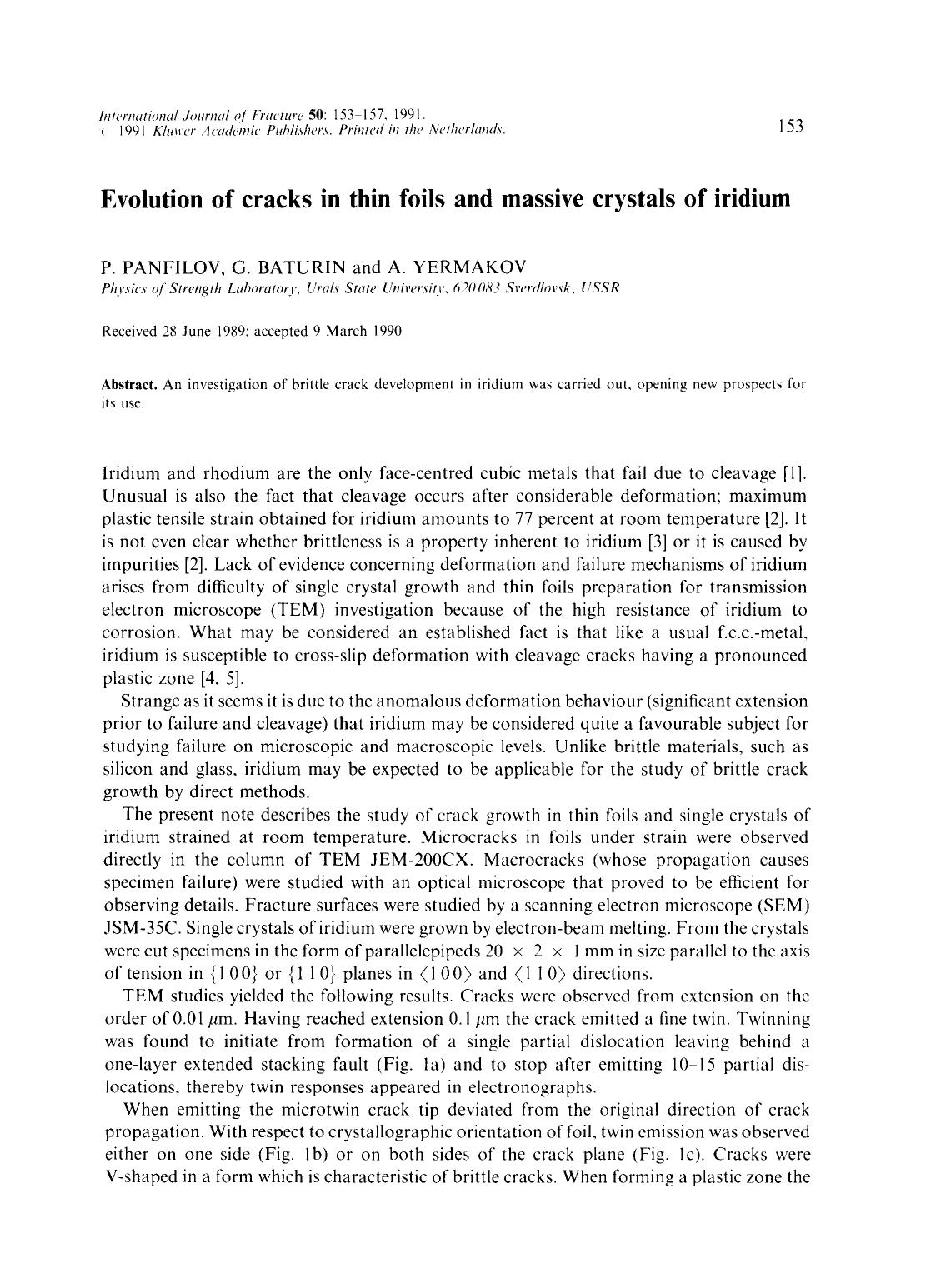 Evolution of cracks in thin foils and massive crystals of iridium by Unknown