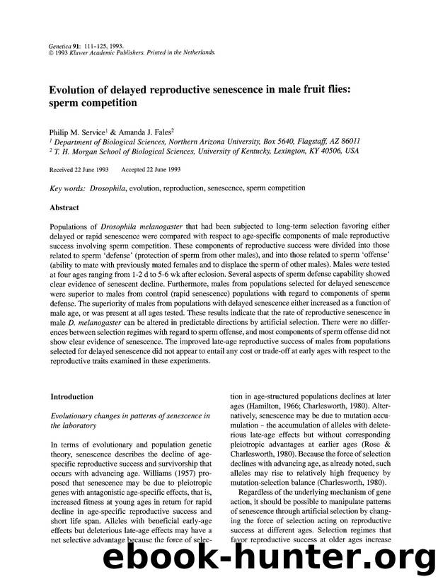 Evolution of delayed reproductive senescence in male fruit flies: Sperm competition by Unknown