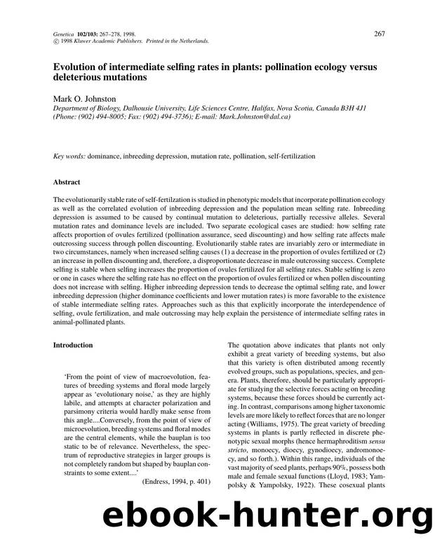 Evolution of intermediate selfing rates in plants: pollination ecology versus deleterious mutations by Unknown