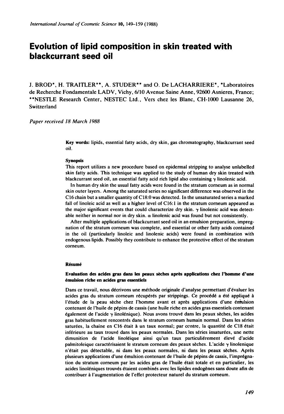 Evolution of lipid composition in skin treated with blackcurrant seed oil by Unknown