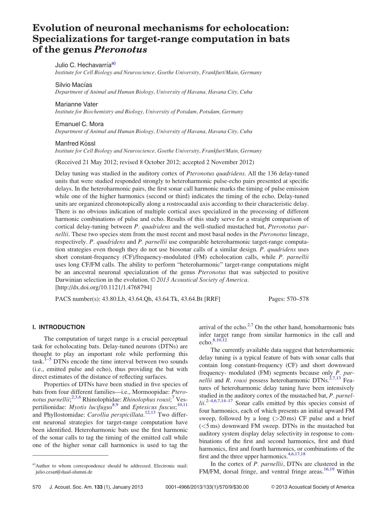 Evolution of neuronal mechanisms for echolocation: Specializations for target-range computation in bats of the genus Pteronotus by Julio C. Hechavarr & ıaa) Silvio Mac & ıas Marianne Vater Emanuel C. Mora and Manfred K€ossl