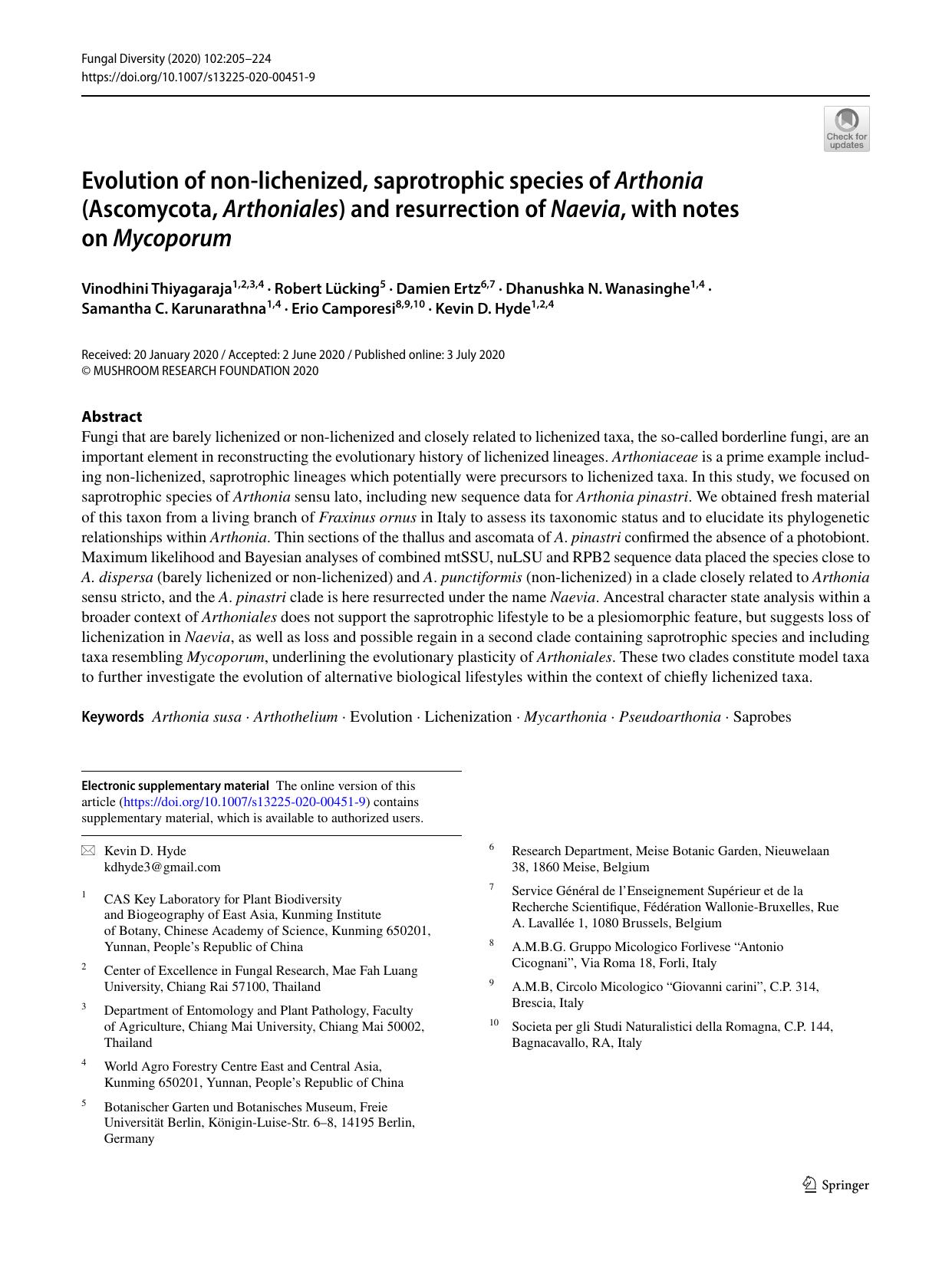 Evolution of non-lichenized, saprotrophic species of Arthonia (Ascomycota, Arthoniales) and resurrection of Naevia, with notes on Mycoporum by unknow