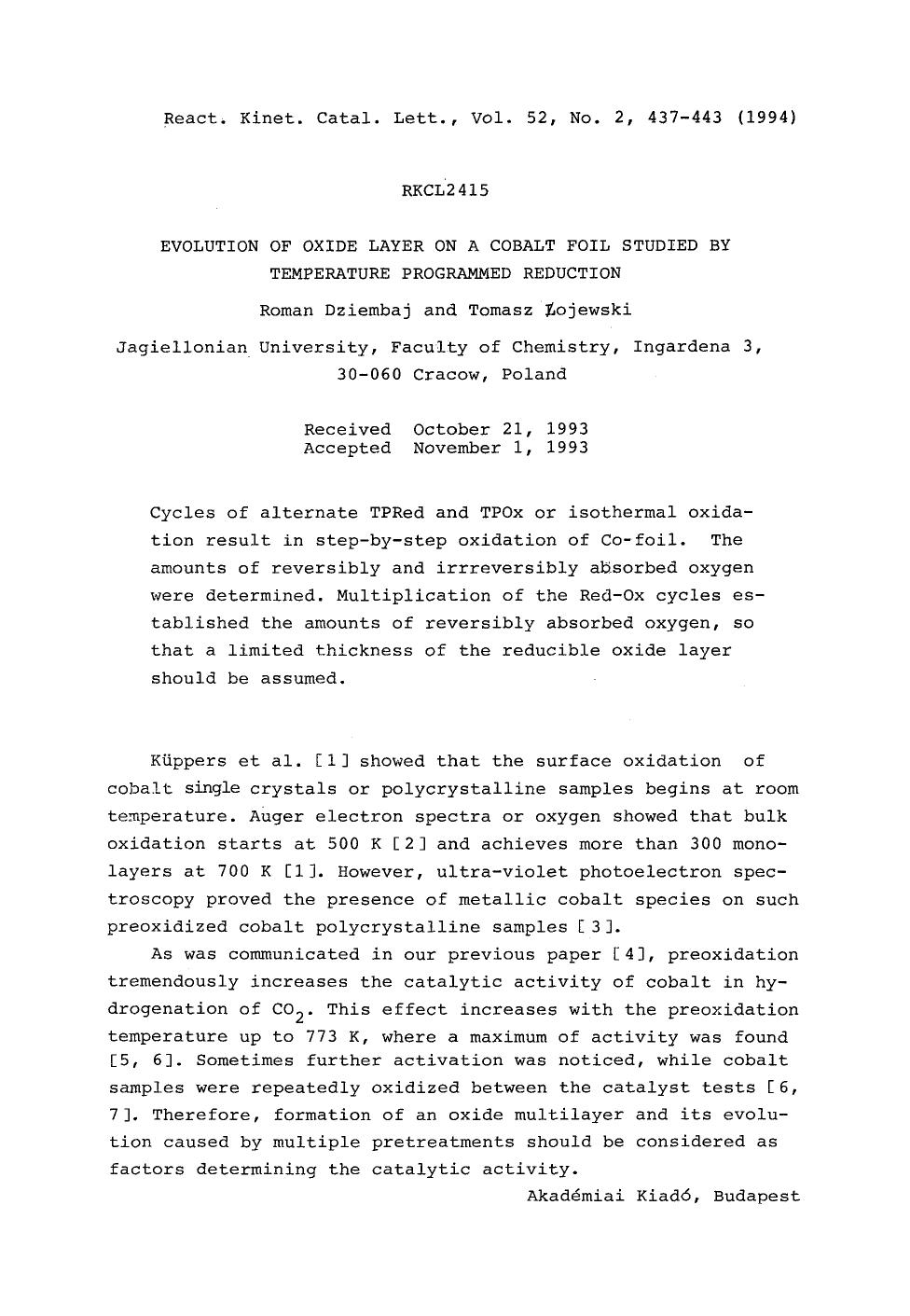 Evolution of oxide layer on a cobalt foil studied by temperature programmed, reduction by Unknown