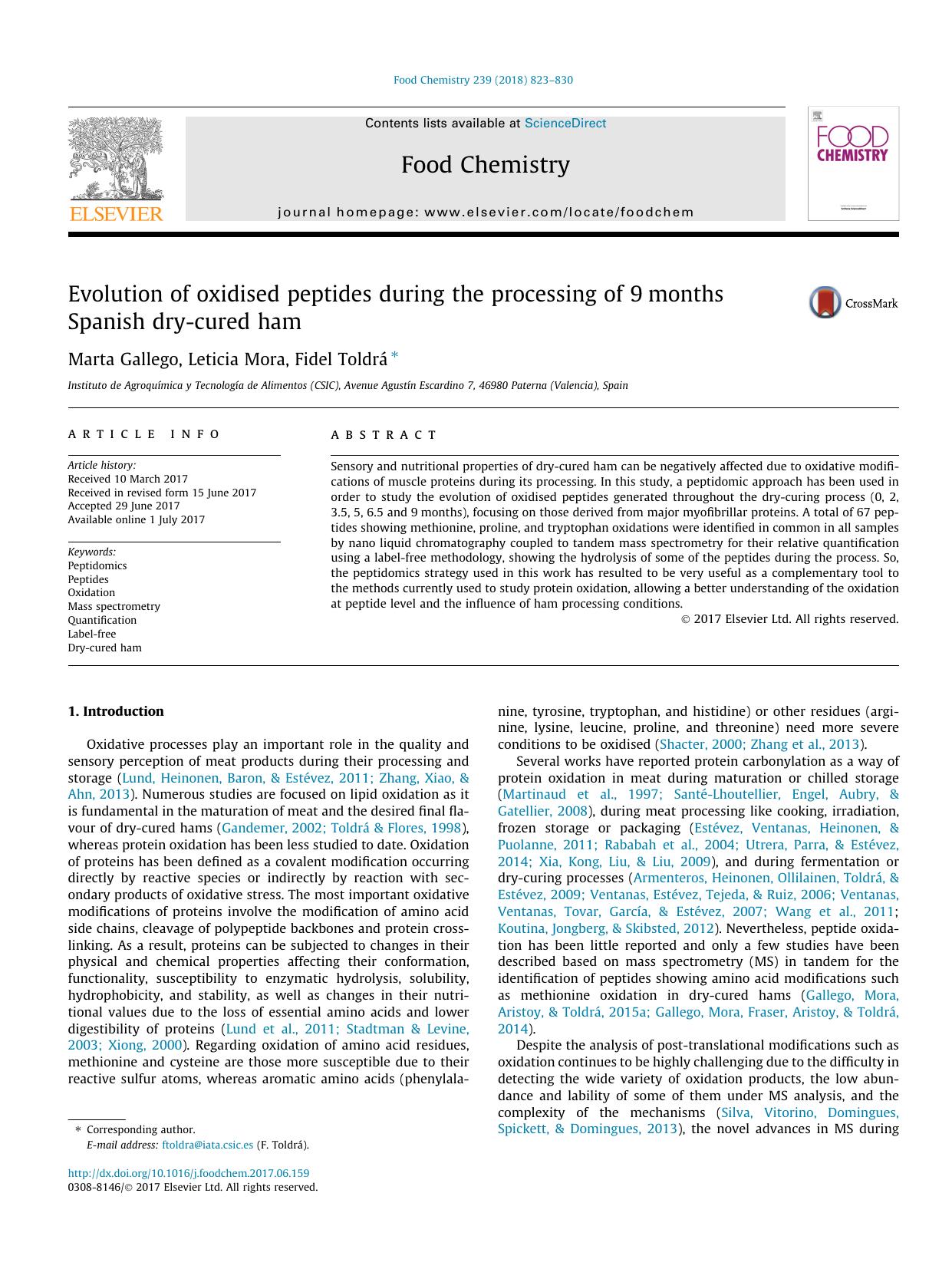 Evolution of oxidised peptides during the processing of 9months Spanish dry-cured ham by Marta Gallego & Leticia Mora & Fidel Toldrá