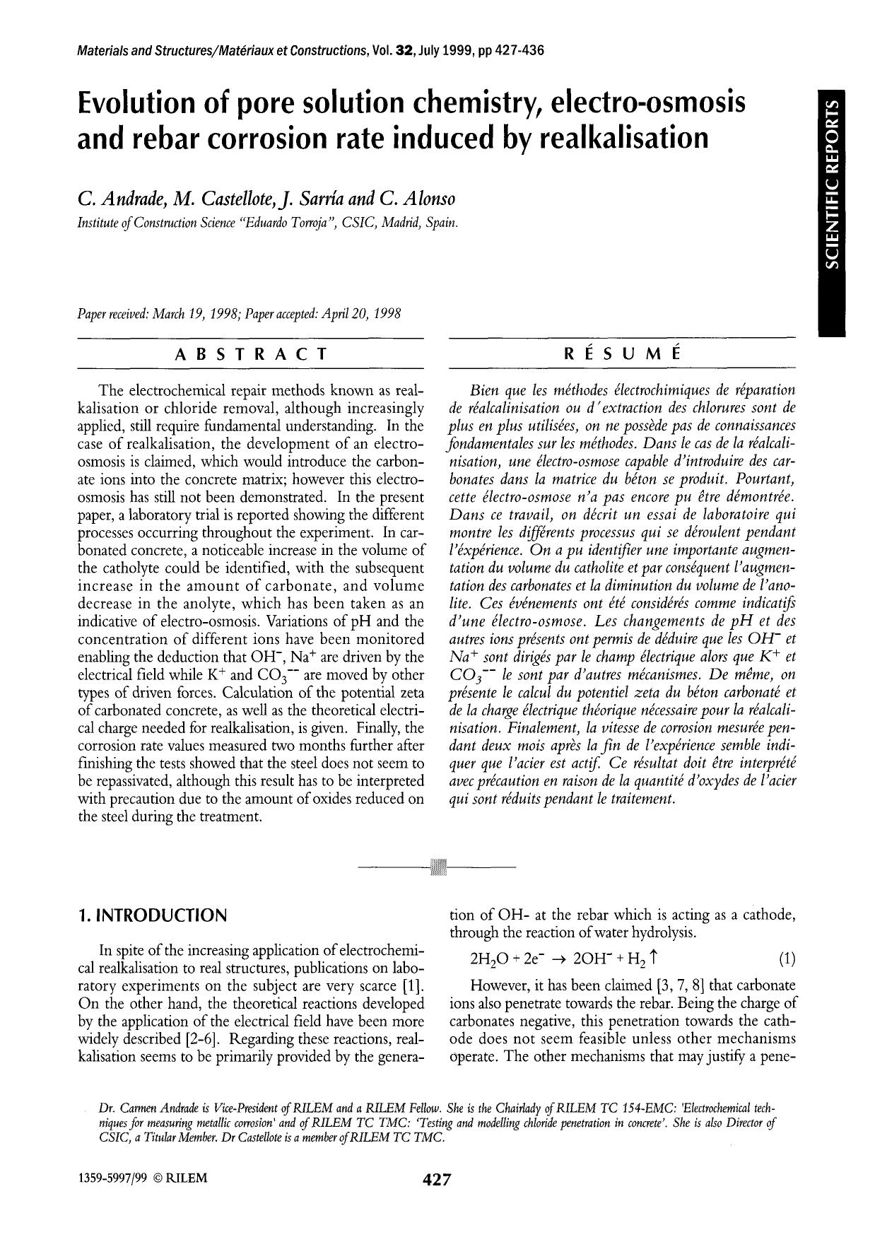 Evolution of pore solution chemistry, electro-osmosis and rebar corrosion rate induced by realkalisation by Unknown