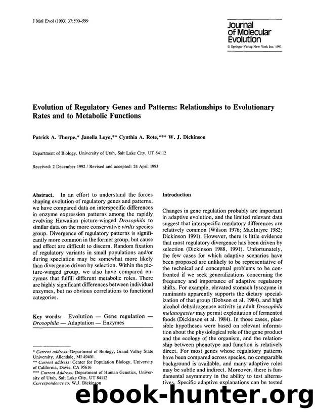 Evolution of regulatory genes and patterns: Relationships to evolutionary rates and to metabolic functions by Unknown