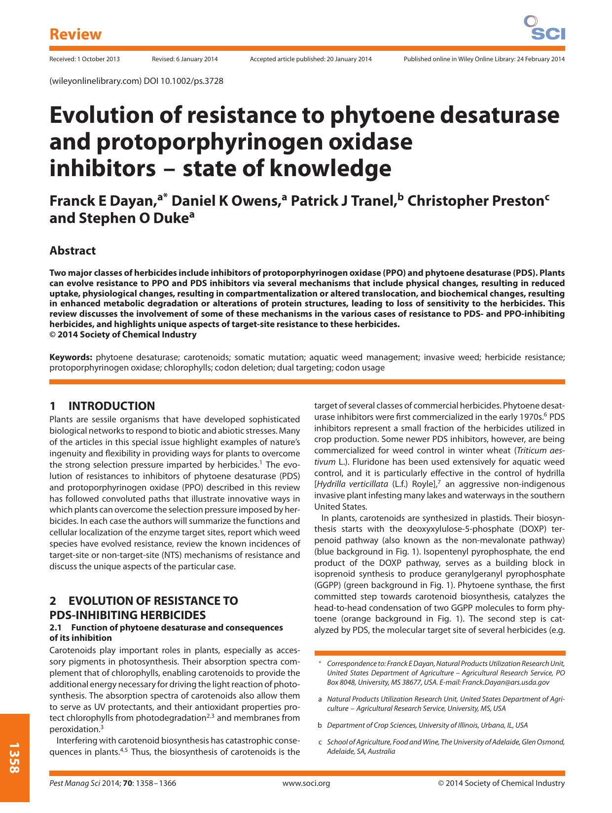 Evolution of resistance to phytoene desaturase and protoporphyrinogen oxidase inhibitorsâ¬â¬state of knowledge by Unknown