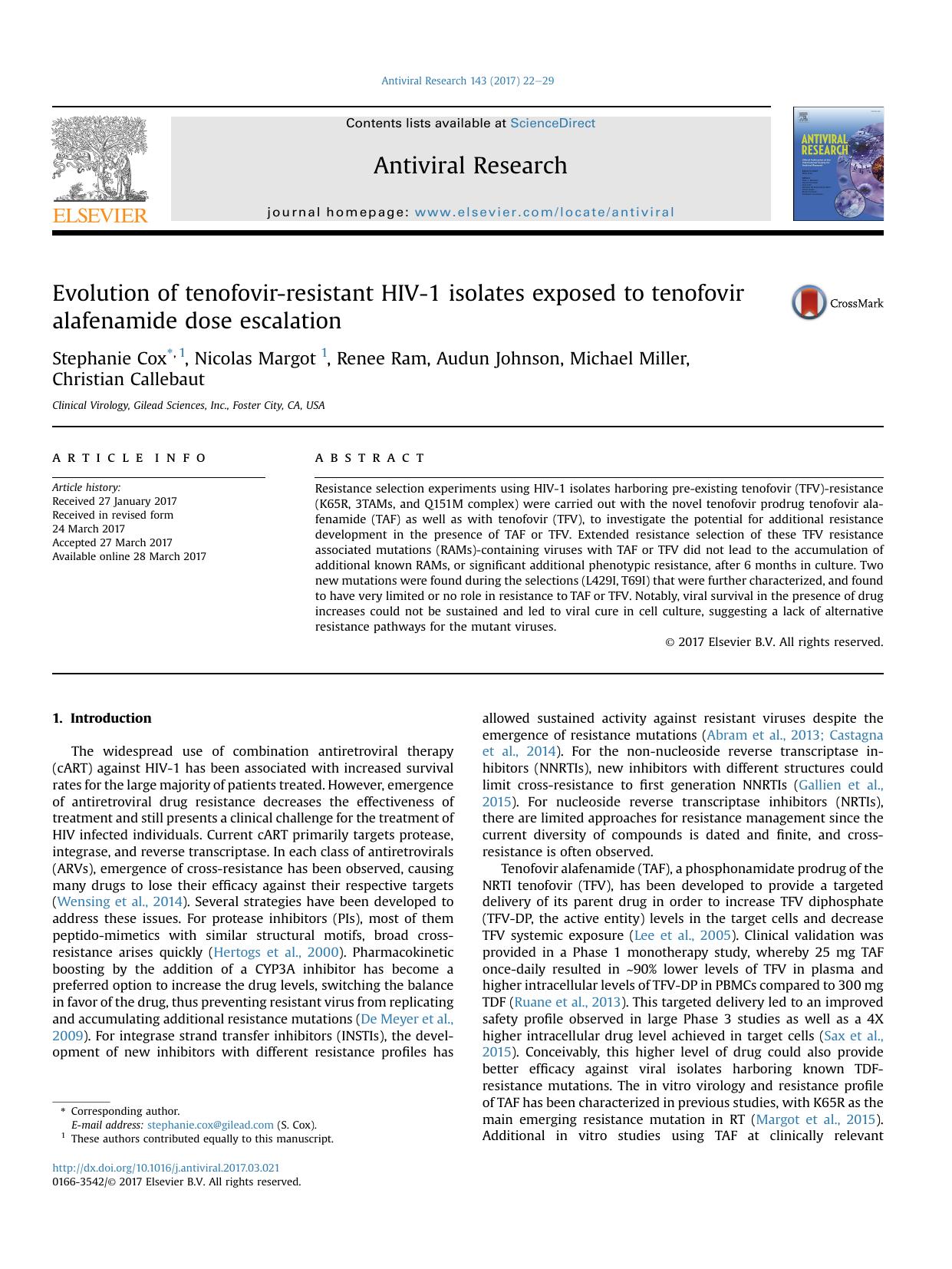 Evolution of tenofovir-resistant HIV-1 isolates exposed to tenofovir alafenamide dose escalation by Stephanie Cox & Nicolas Margot & Renee Ram & Audun Johnson & Michael Miller & Christian Callebaut