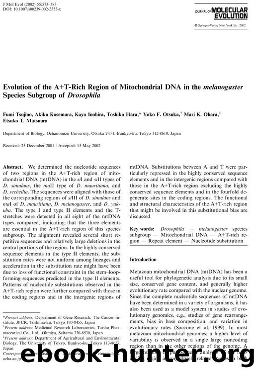 Evolution of the A+T-Rich Region of Mitochondrial DNA in the melanogaster Species Subgroup of Drosophila by Tsujino F. et al