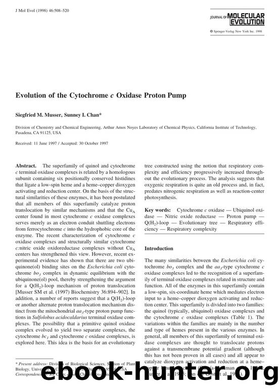 Evolution of the Cytochrome c Oxidase Proton Pump by Musser S. et al