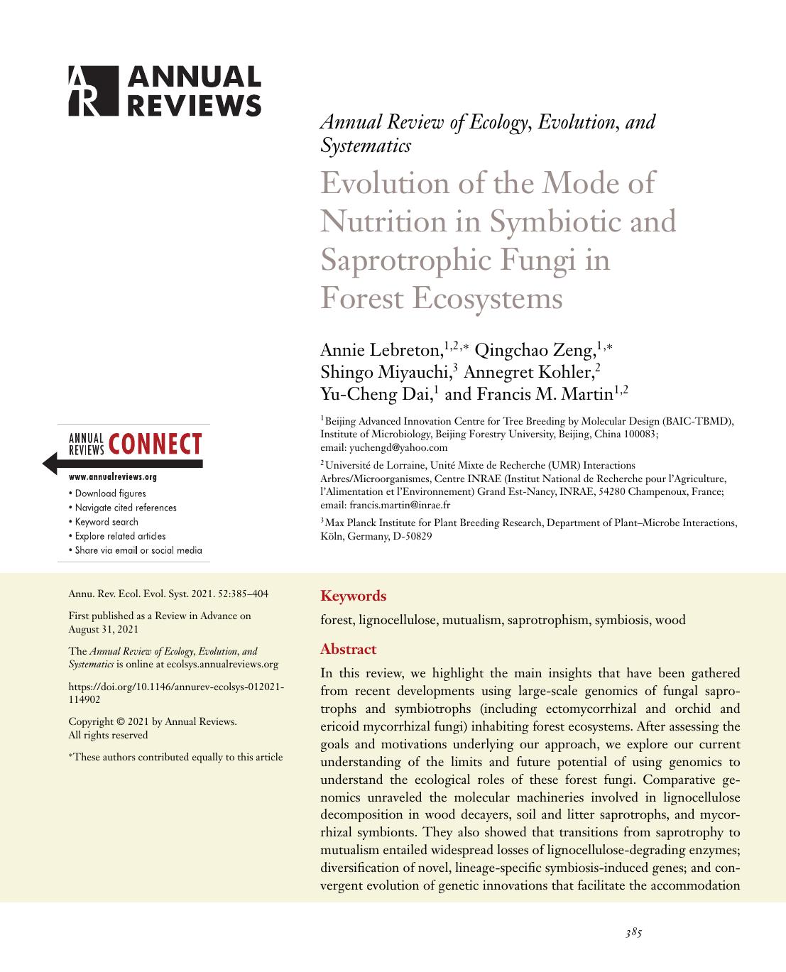 Evolution of the Mode of Nutrition in Symbiotic and Saprotrophic Fungi in Forest Ecosystems by Annie Lebreton Qingchao Zeng Shingo Miyauchi Annegret Kohler Yu-Cheng Dai Francis M. Martin