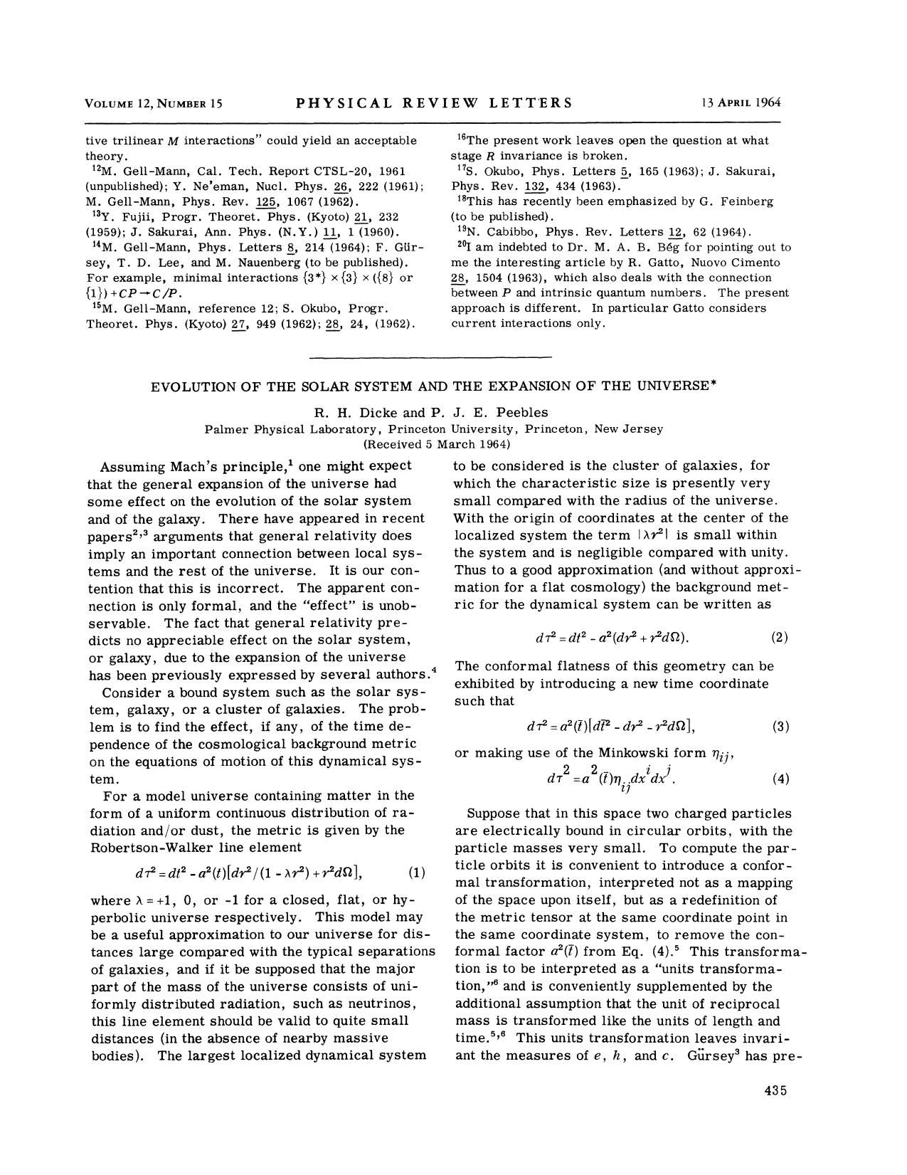Evolution of the Solar System and the Expansion of the Universe by R. H. Dicke & P. J. E. Peebles