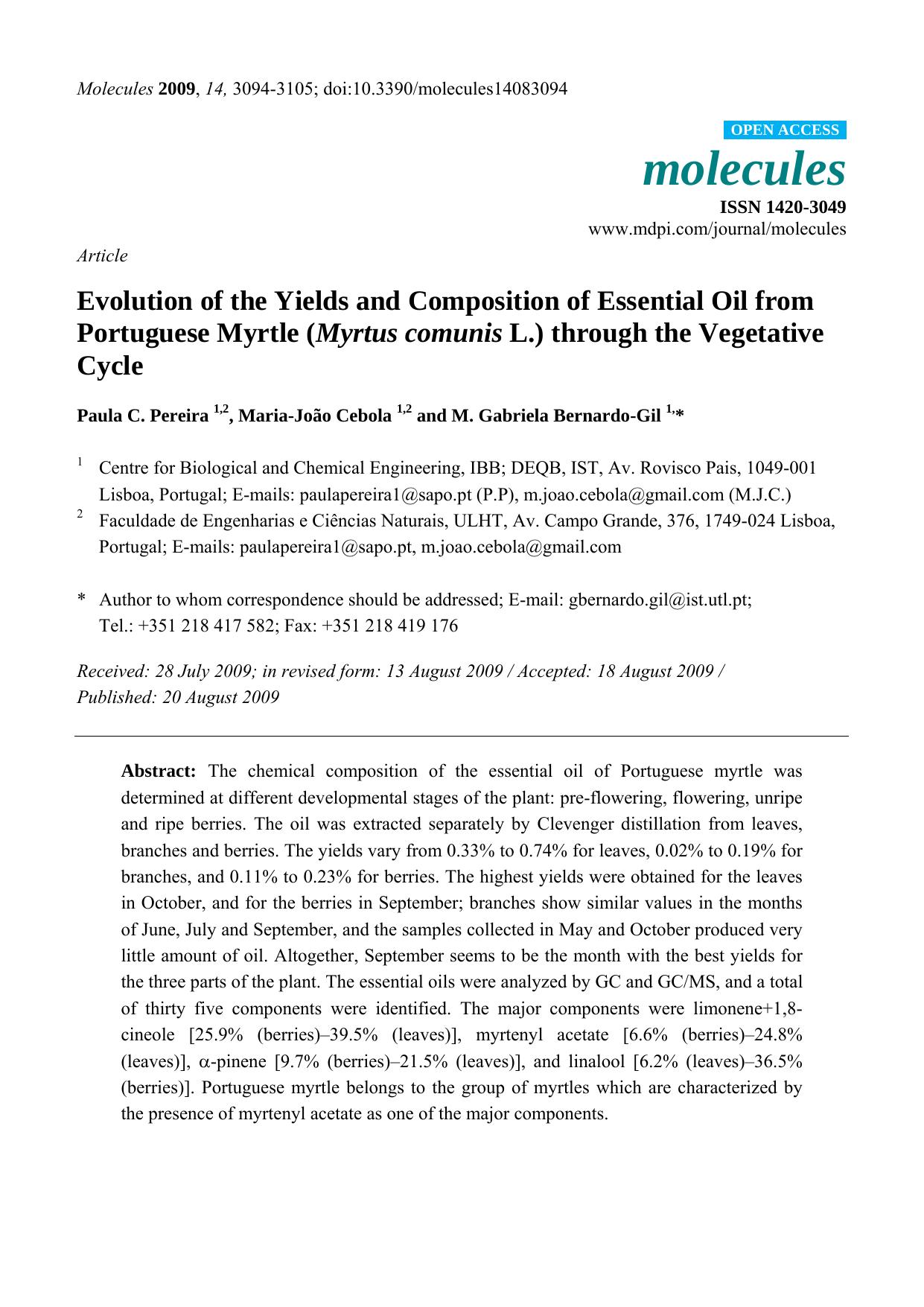 Evolution of the Yields and Composition of Essential Oil from Portuguese Myrtle (Myrtus comunis L.) through the Vegetative Cycle by Paula C. Pereira & Maria-João Cebola & M. Gabriela Bernardo-Gil