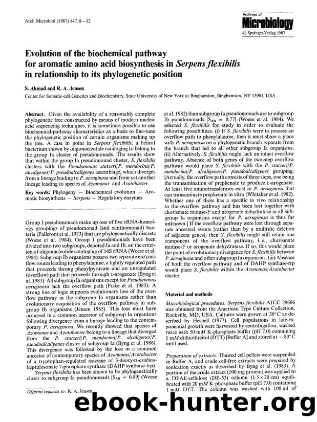 Evolution of the biochemical pathway for aromatic amino acid biosynthesis in <Emphasis Type="Italic">Serpens flexibilis<Emphasis> in relationship to its phylogenetic position by Unknown