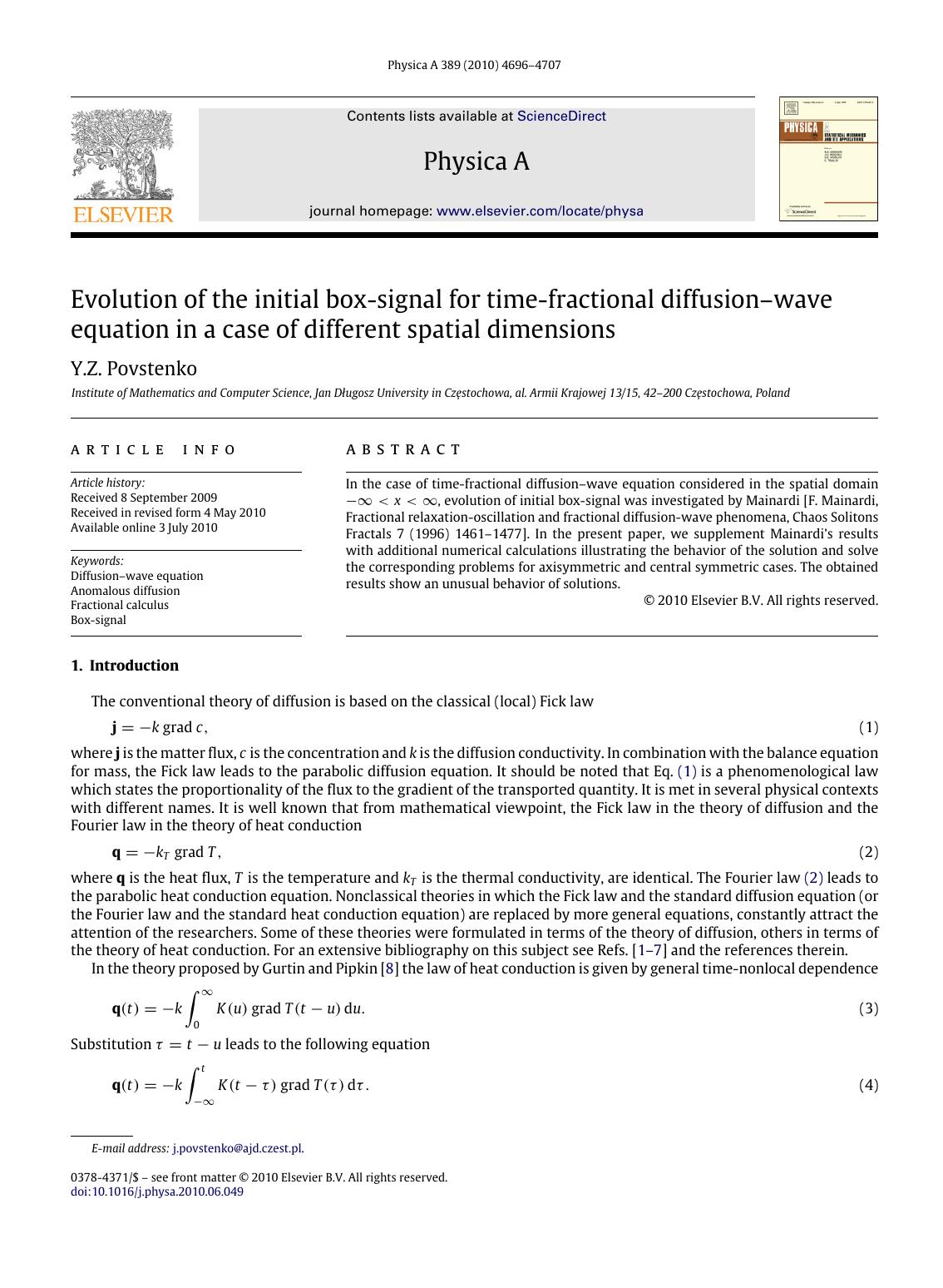 Evolution of the initial box-signal for time-fractional diffusionâwave equation in a case of different spatial dimensions by Y.Z. Povstenko