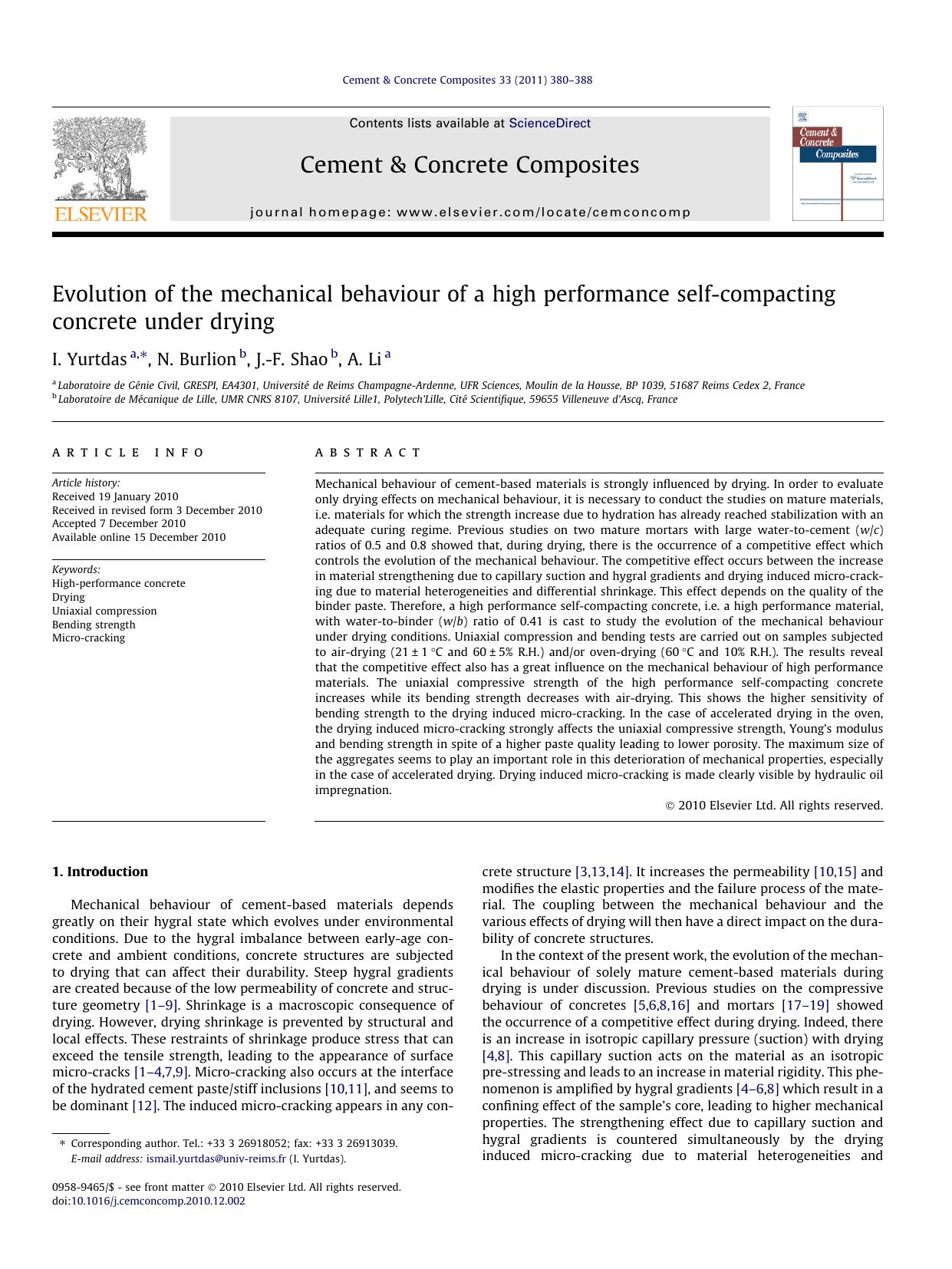 Evolution of the mechanical behaviour of a high performance self-compacting concrete under drying by I. Yurtdas & N. Burlion & J.-F. Shao & A. Li