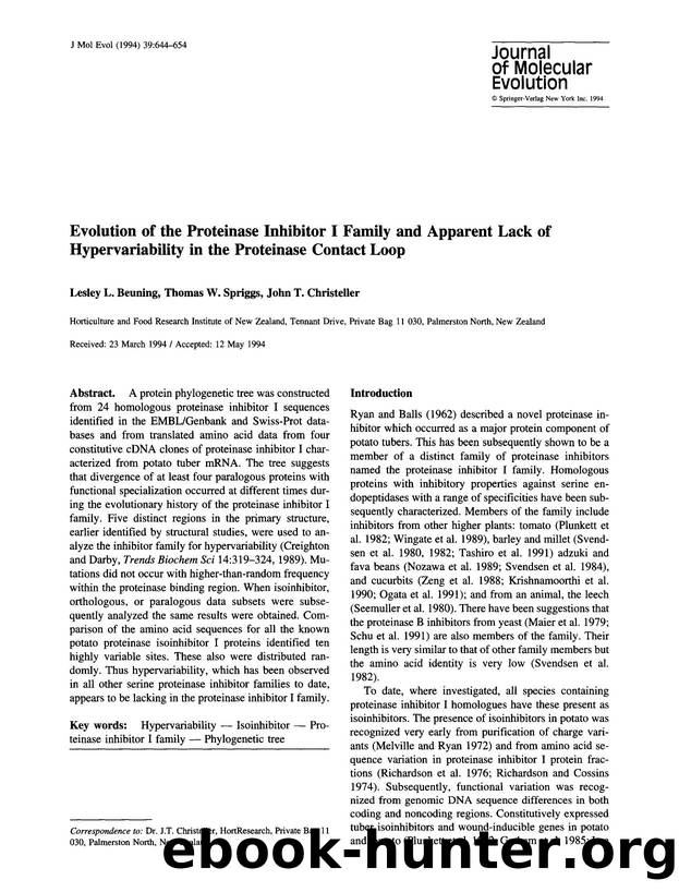 Evolution of the proteinase inhibitor I family and apparent lack of hypervariability in the proteinase contact loop by Unknown
