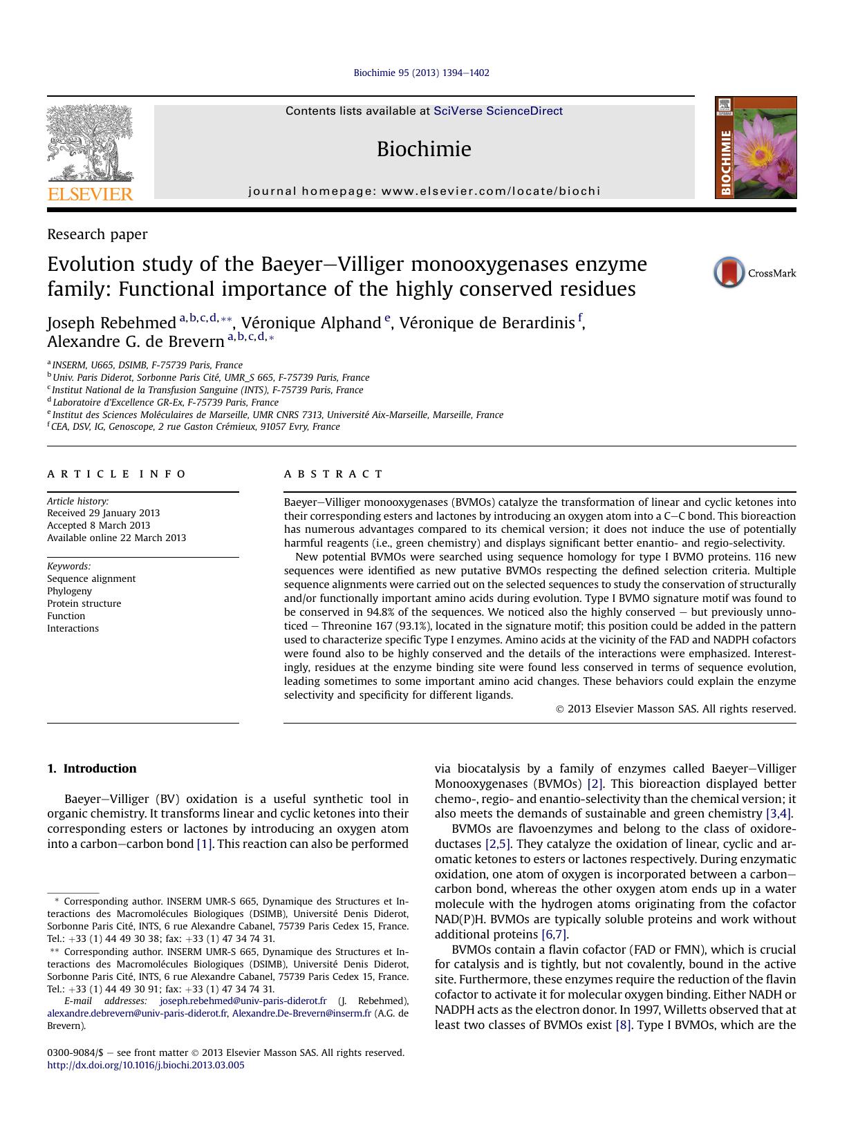 Evolution study of the Baeyer-Villiger monooxygenases enzyme family: Functional importance of the highly conserved residues by Joseph Rebehmed & Véronique Alphand & Véronique de Berardinis & Alexandre G. de Brevern