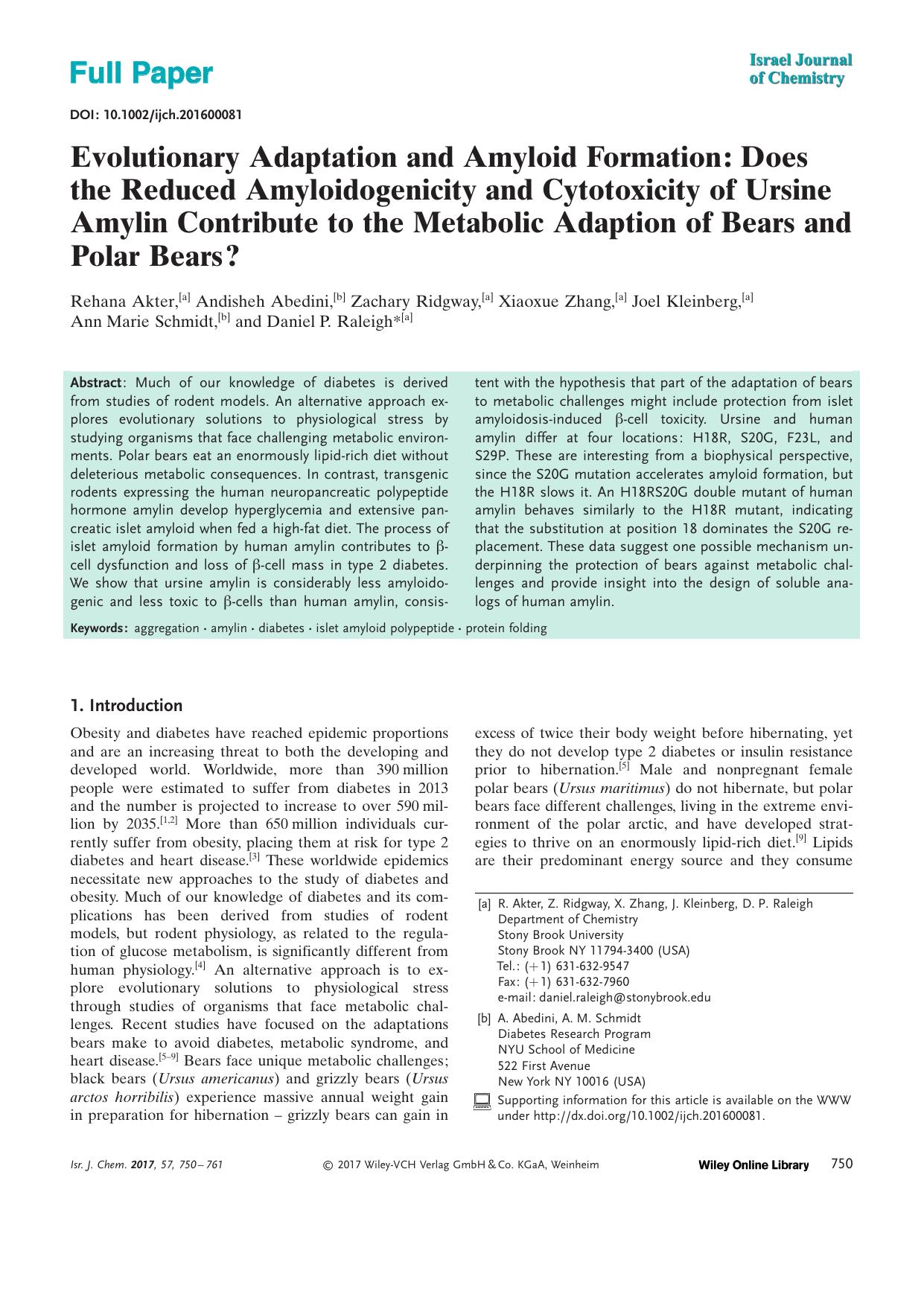 Evolutionary Adaptation and Amyloid Formation: Does the Reduced Amyloidogenicity and Cytotoxicity of Ursine Amylin Contribute to the Metabolic Adaption of Bears and Polar Bears? by Unknown