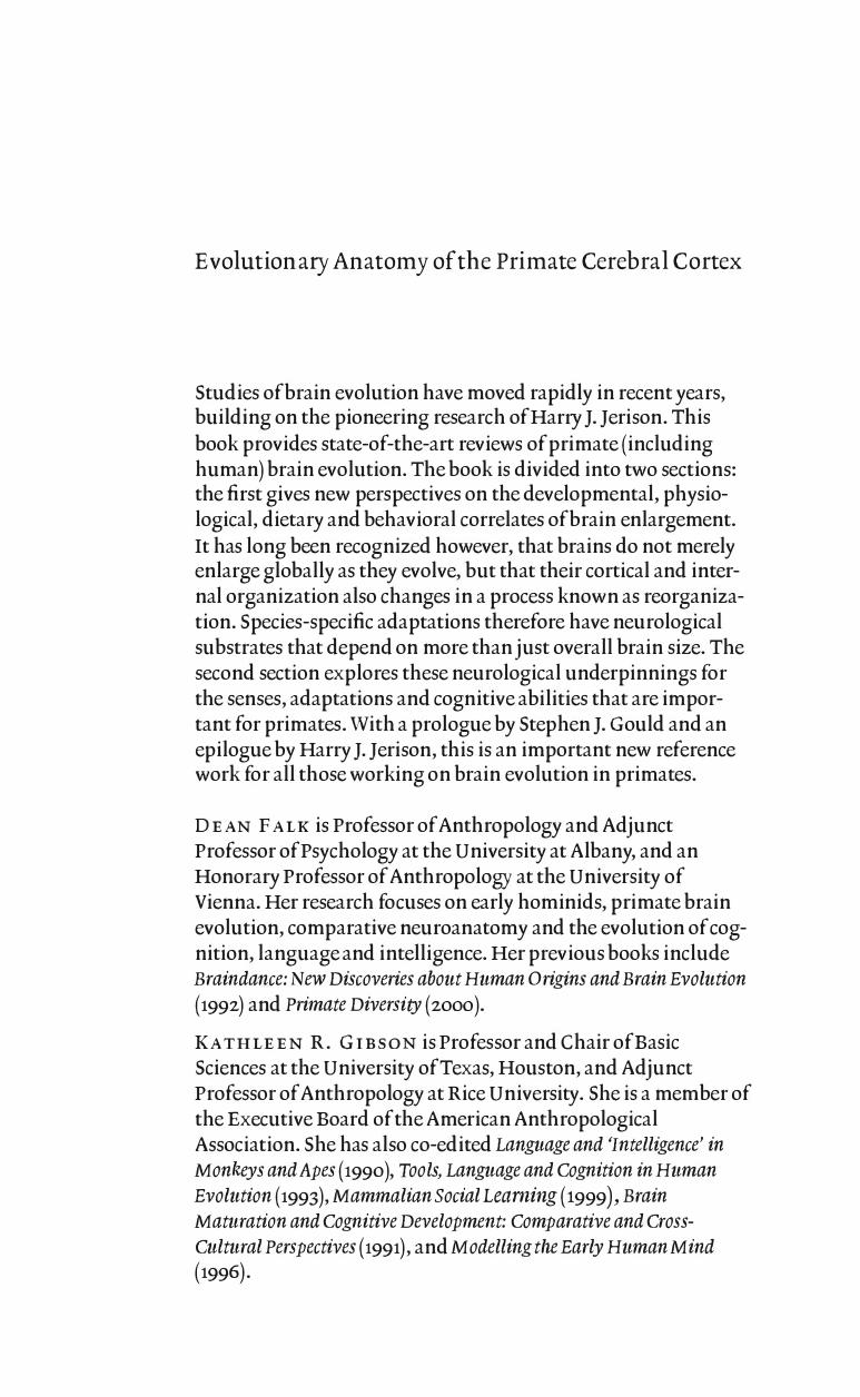 Evolutionary Anatomy of the Primate Cerebral Cortex by Dean Falk Kathleen R. Gibson