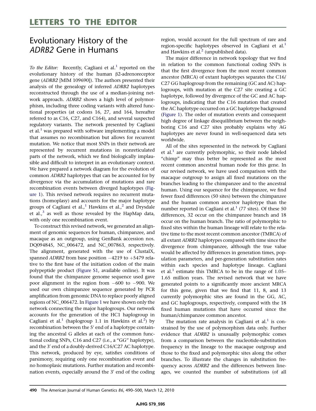 Evolutionary History of the ADRB2 Gene in Humans by Richard H. Wilson; Colin N. Moran; John J. Cole; Yannis P. Pitsiladis; Mark E.S. Bailey