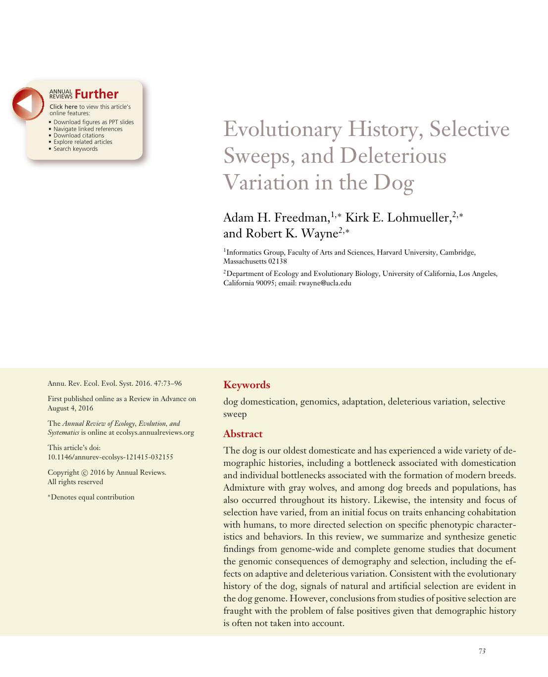 Evolutionary History, Selective Sweeps, and Deleterious Variation in the Dog by Adam H. Freedman Kirk E. Lohmueller Robert K. Wayne