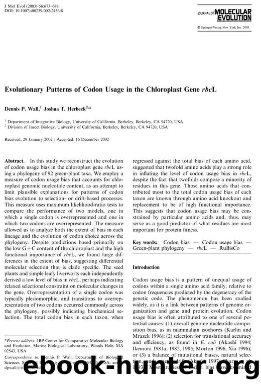 Evolutionary Patterns of Codon Usage in the Chloroplast Gene rbcL by Wall D.P. et al