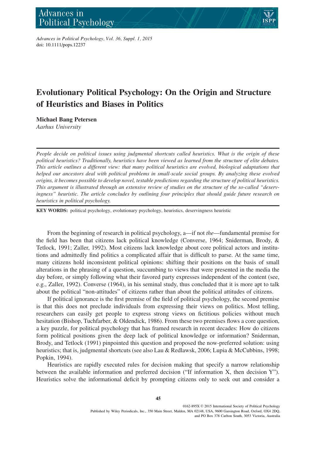 Evolutionary Political Psychology: On the Origin and Structure of Heuristics and Biases in Politics by On the Origin & Structure of Heuristics & Biases in Politics (2015) by Michael Bang Petersen