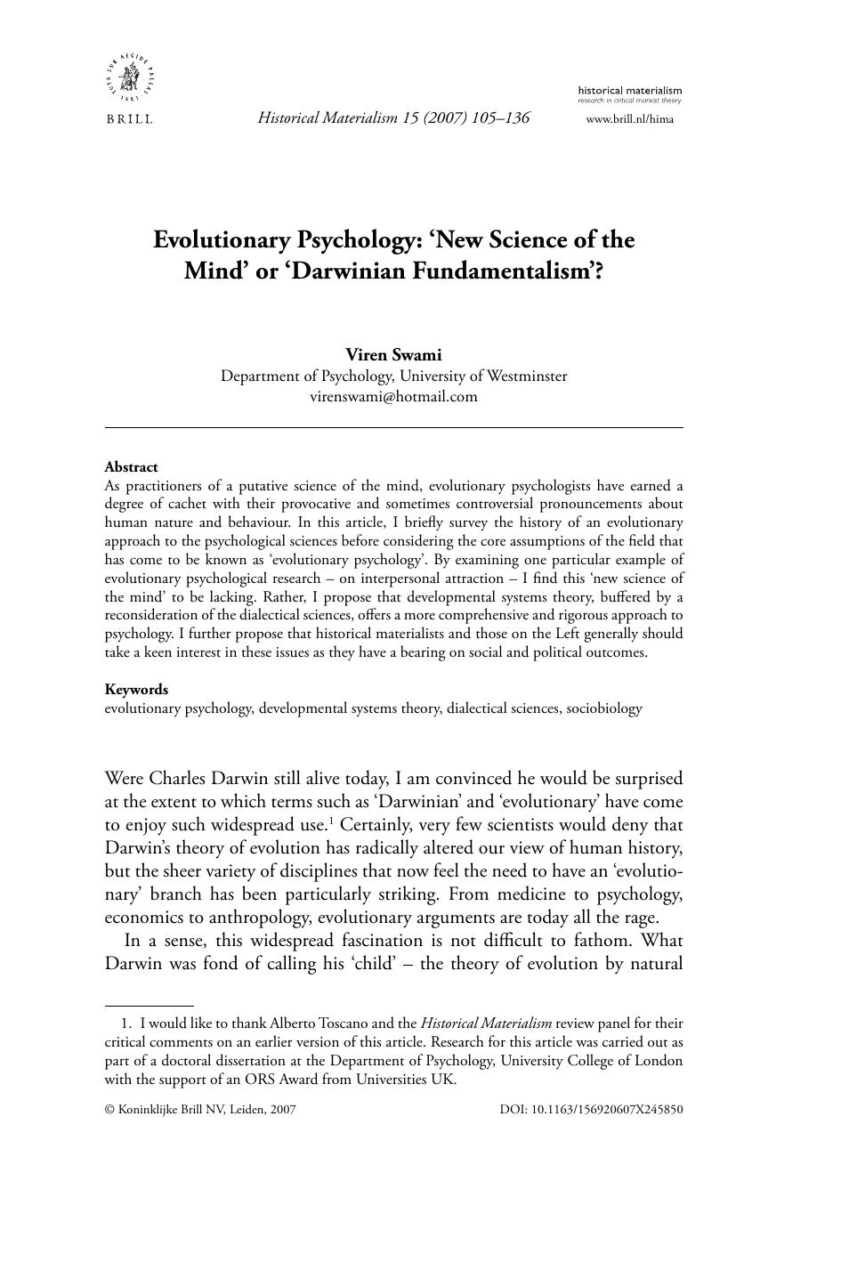 Evolutionary Psychology: 'New Science of the Mind' or 'Darwinian Fundamentalism'? by Viren Swami