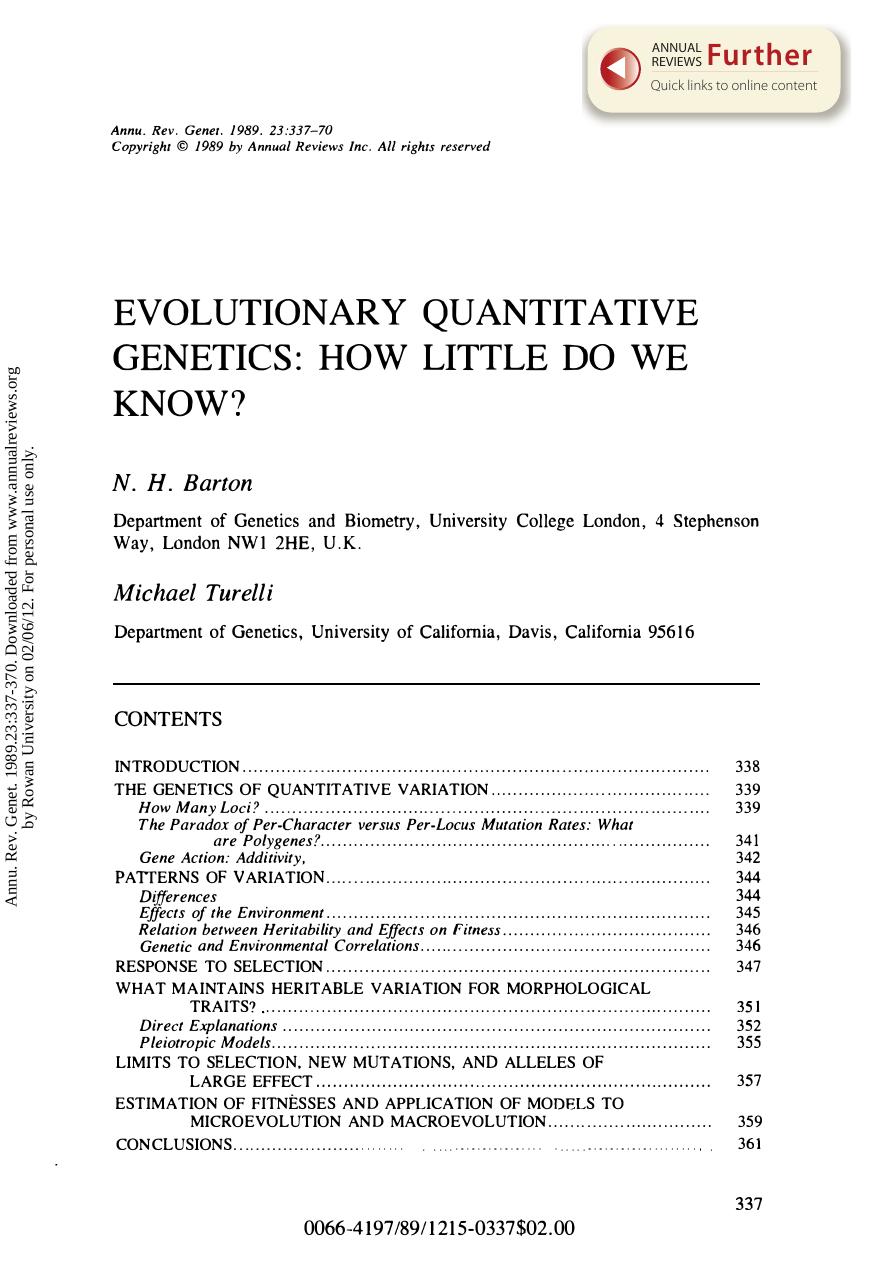 Evolutionary Quantitative Genetics: How Little Do We Know? by N H Barton & M Turelli