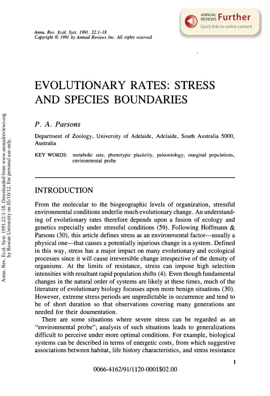 Evolutionary Rates: Stress and Species Boundaries by P A Parsons